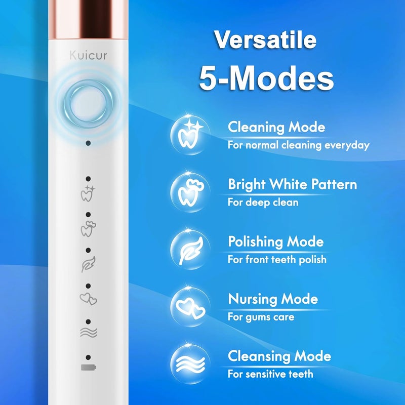 Kuicur Electric Toothbrush, 10 Brush Heads & Travel Case, 42,000 VPM Electric Motor & USB Charging, 5 Modes with Smart Timer, Ultra Whitening Toothbrush for Adults and Kids - Image 3
